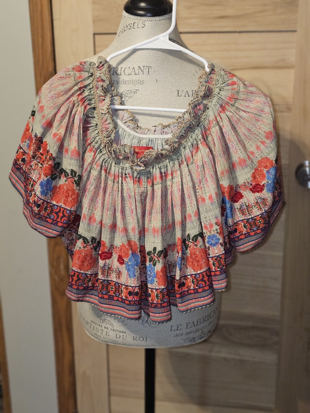 Floral Boho Puff-Sleeve Peasant Blouse in Coral & Blue